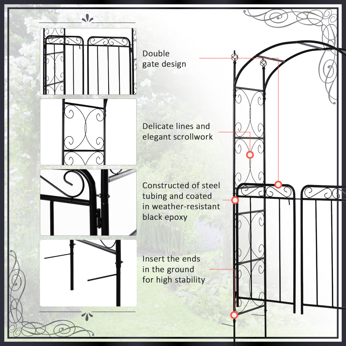 Outsunny Metal Garden Arch Gate with Double Doors & Side Trellis – Decorative Arbor for Climbing Plants, Black