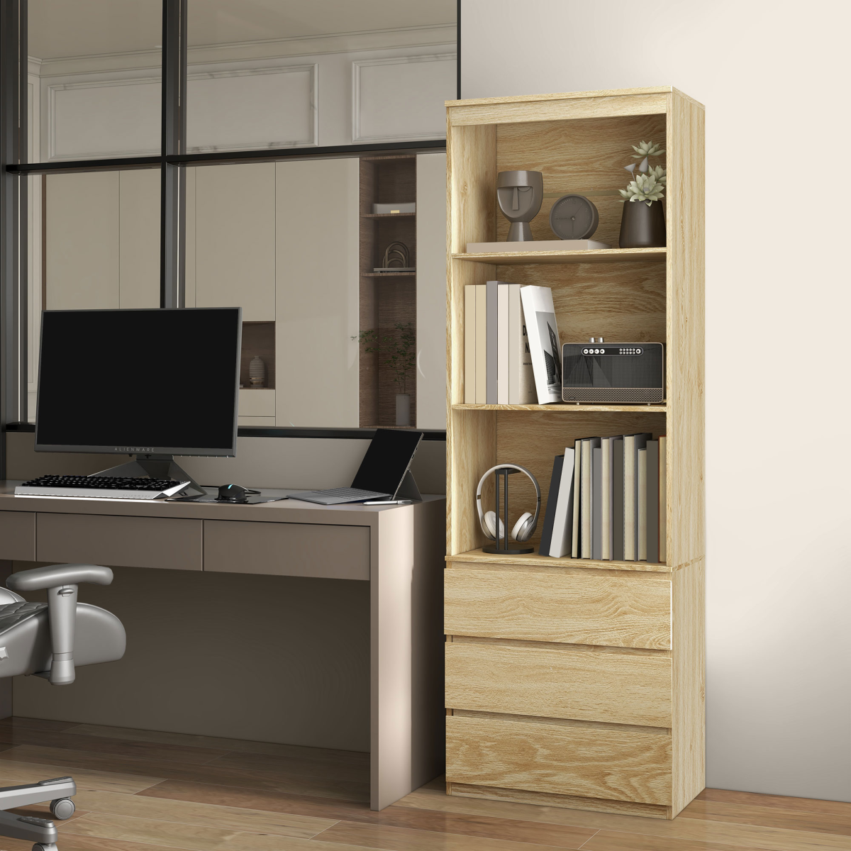 HOMCOM 180cm Tall Bookshelf Storage Unit with 3 Drawers and 3 Open Shelves – Oak Effect