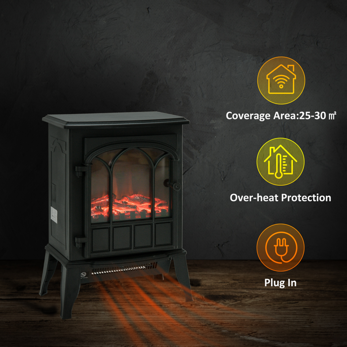 HOMCOM Freestanding Electric Fireplace Stove Heater, 1000W/2000W with LED Charcoal Flame – Cast Metal
