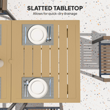 Outsunny Garden Dining Table for 6 with Parasol Hole, Slatted Steel Top, 150 x 90 cm – Outdoor Table, Brown