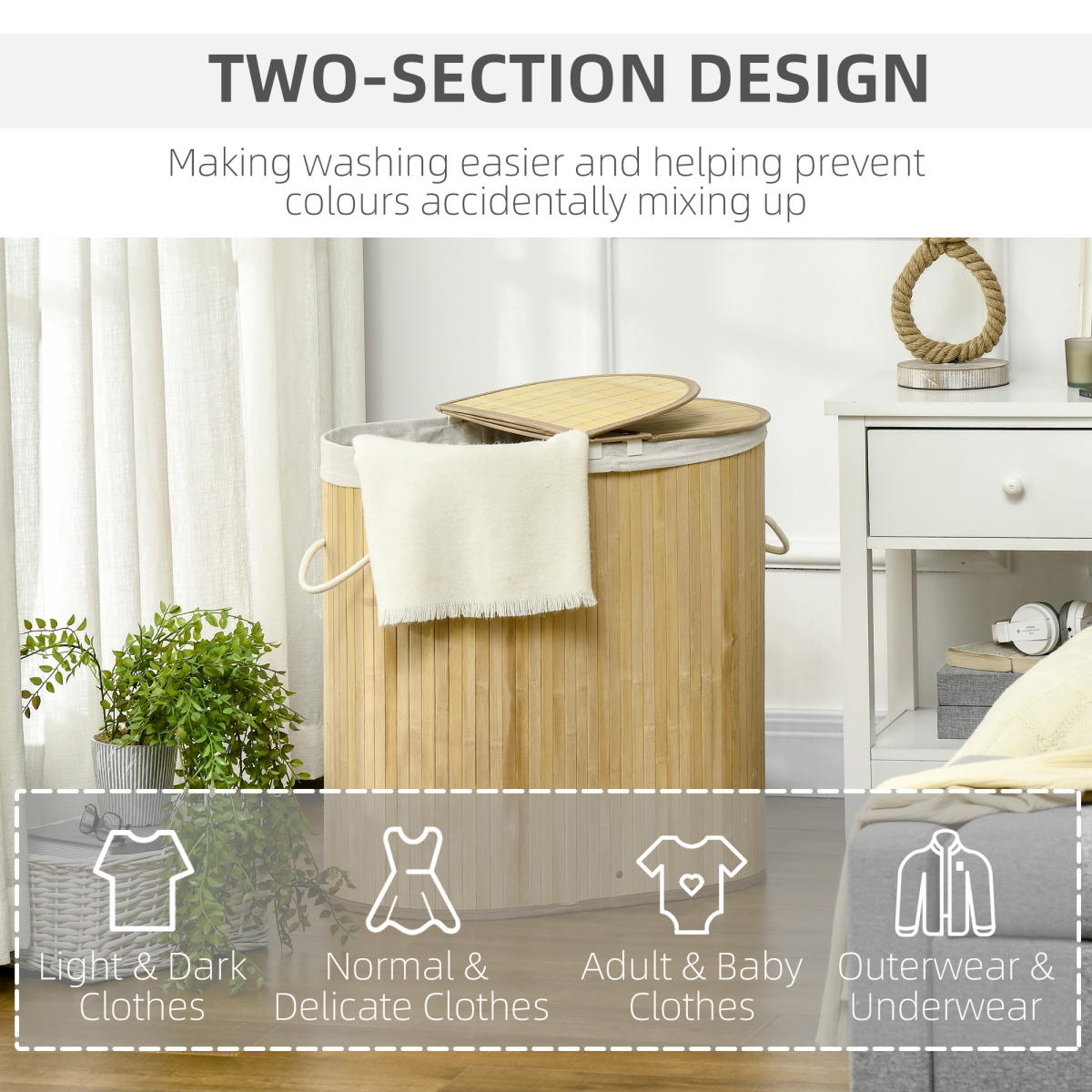 HOMCOM 100L Bamboo Laundry Basket with 2 Compartments, Lid and Removable Lining – Natural Washing Hamper