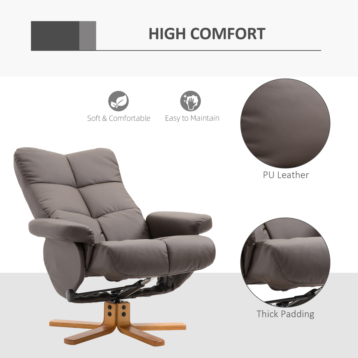 Faux Leather Recliner Chair with Storage Ottoman Footrest & Wipe-Clean Upholstery – Living Room Lounger, Brown