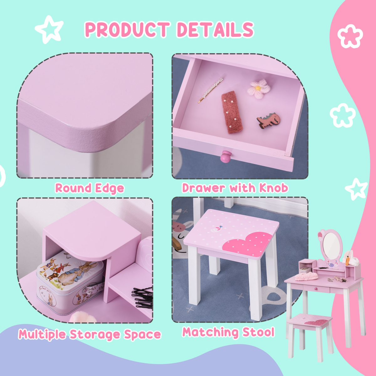 HOMCOM Kids Dressing Table and Stool Set with Oval Mirror & Storage Drawer – Make Up Desk, Pink