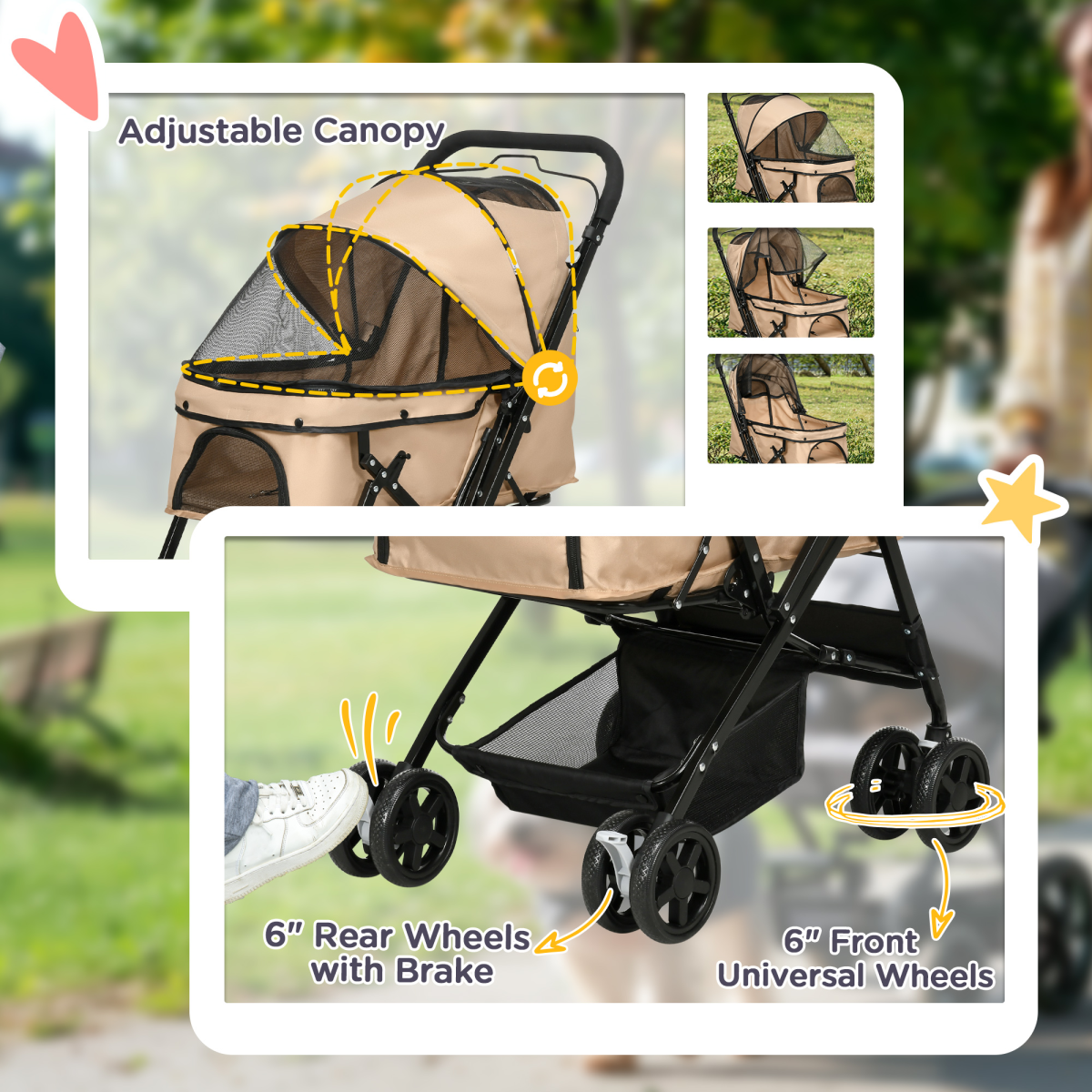 PawHut Foldable Pet Stroller for Small Dogs with Reversible Handle, Canopy & 4 Wheels – Travel Carriage, Brown