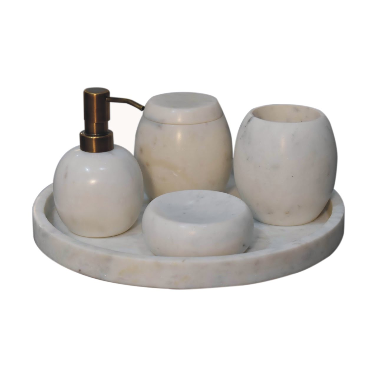 Artisan Furniture Set of 5 Polished White Marble Bathroom Accessories – Soap Dish, Dispenser & Cosmetic Box