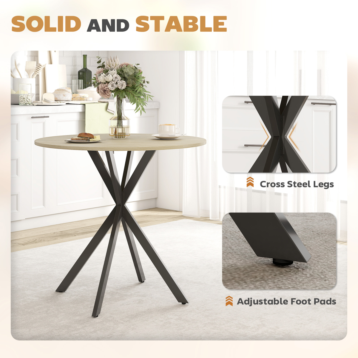 HOMCOM 80 cm Round Dining Table with Steel Cross Legs – Industrial Kitchen Table, White Oak Effect