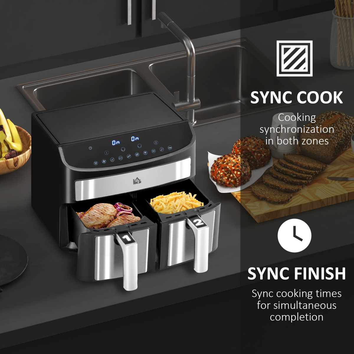 HOMCOM 8L Dual Basket 10-in-1 Air Fryer with Sync Cook and Sync Finish, 2400W – Oil-Free Cooking