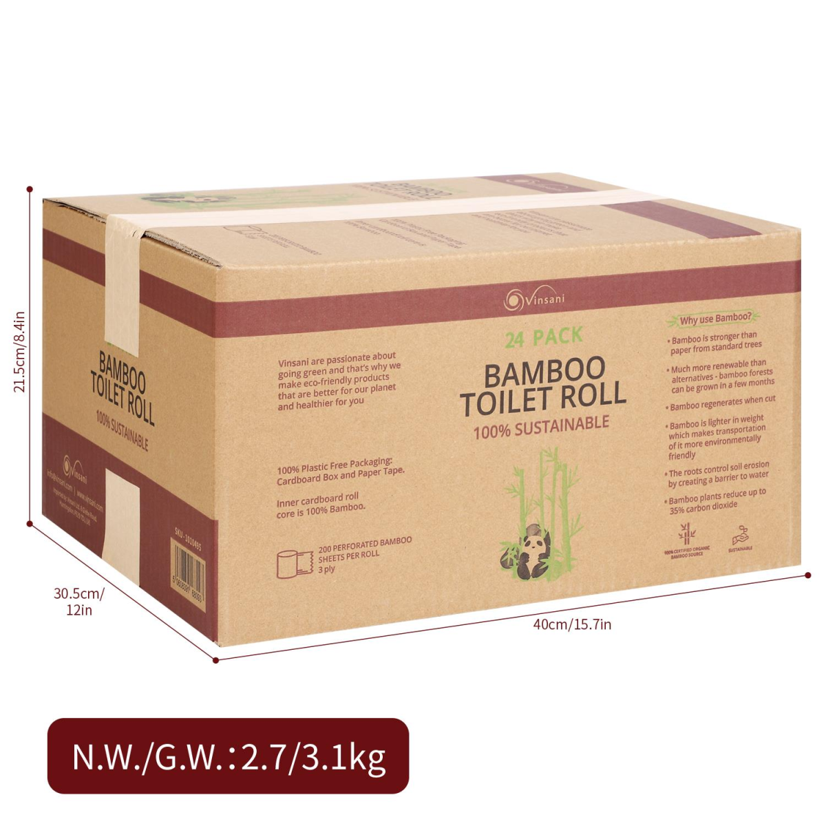Vinsani Bamboo Toilet Roll 24 Pack – Eco-Friendly Sustainable Toilet Tissue