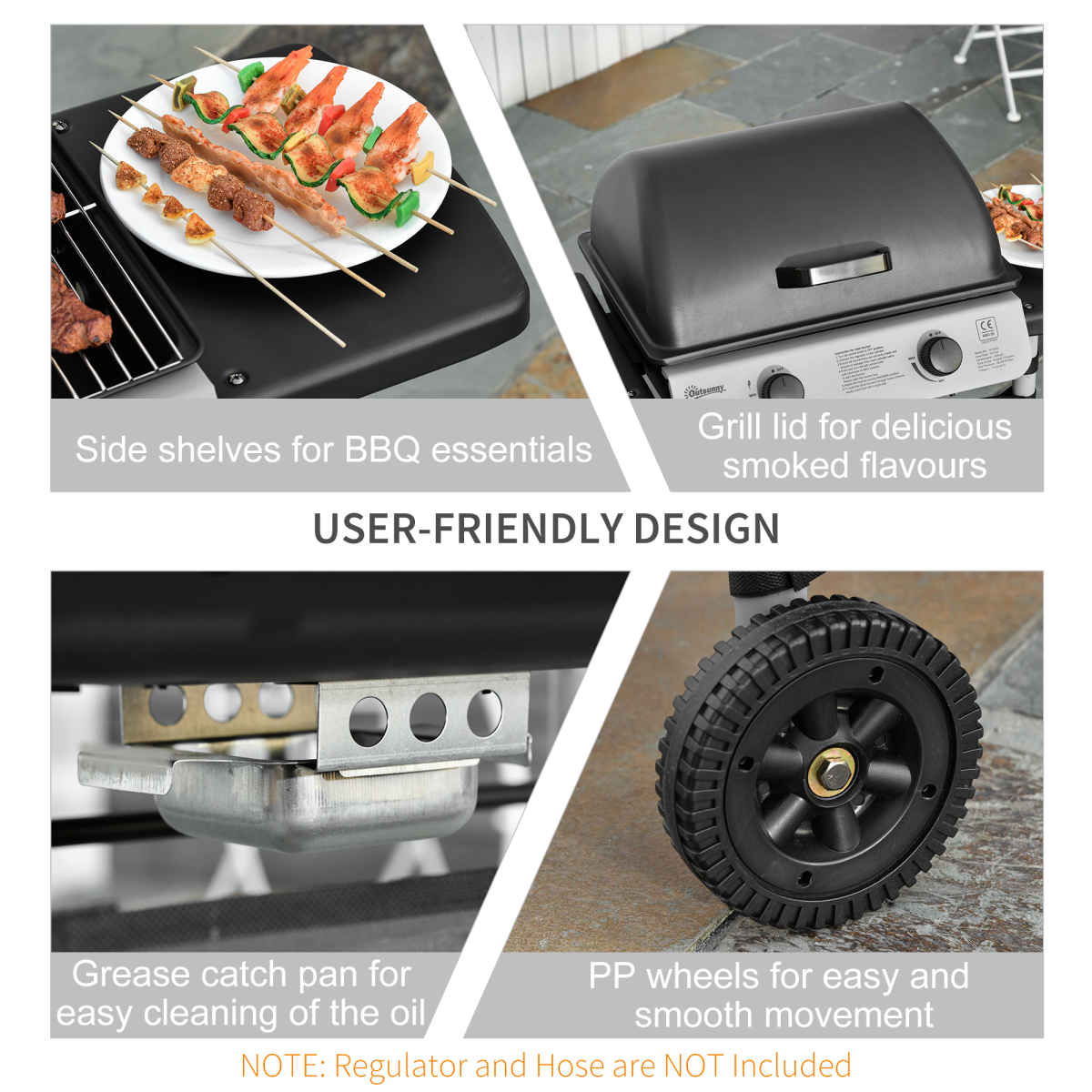 Outsunny 2-Burner Propane Gas BBQ Grill, 5.6kW with Side Shelves and Wheels – LPG Outdoor Barbecue, Grey