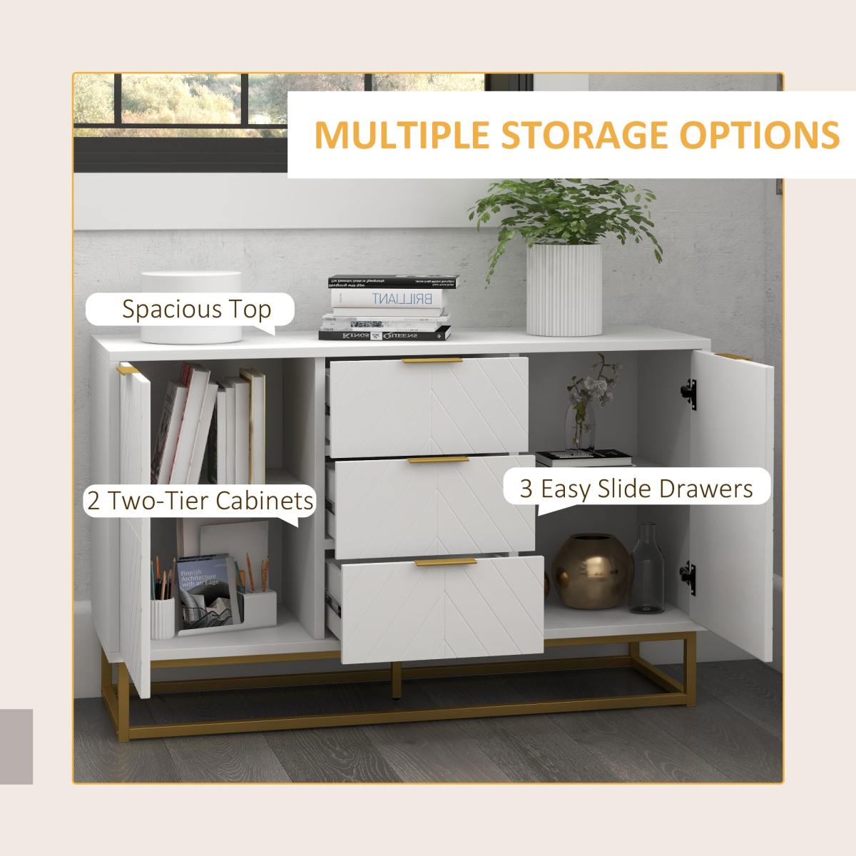 Modern Freestanding Storage Cabinet with 3 Drawers, Cupboard & Gold Base – Dining, Living Room & Bedroom
