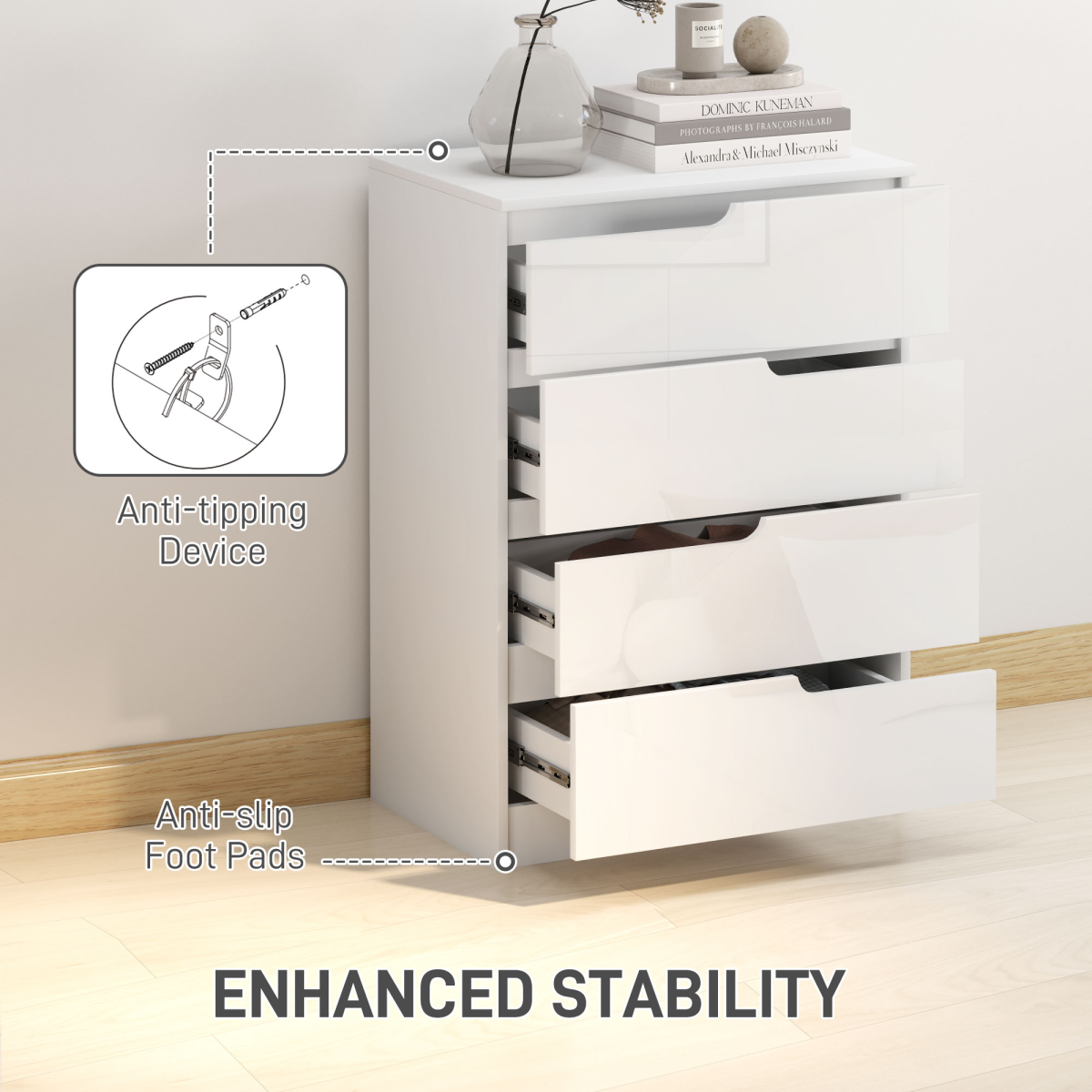 HOMCOM 4 Drawer Bedroom Chest of Drawers with Steel Runners, 60 x 40 x 85cm – White