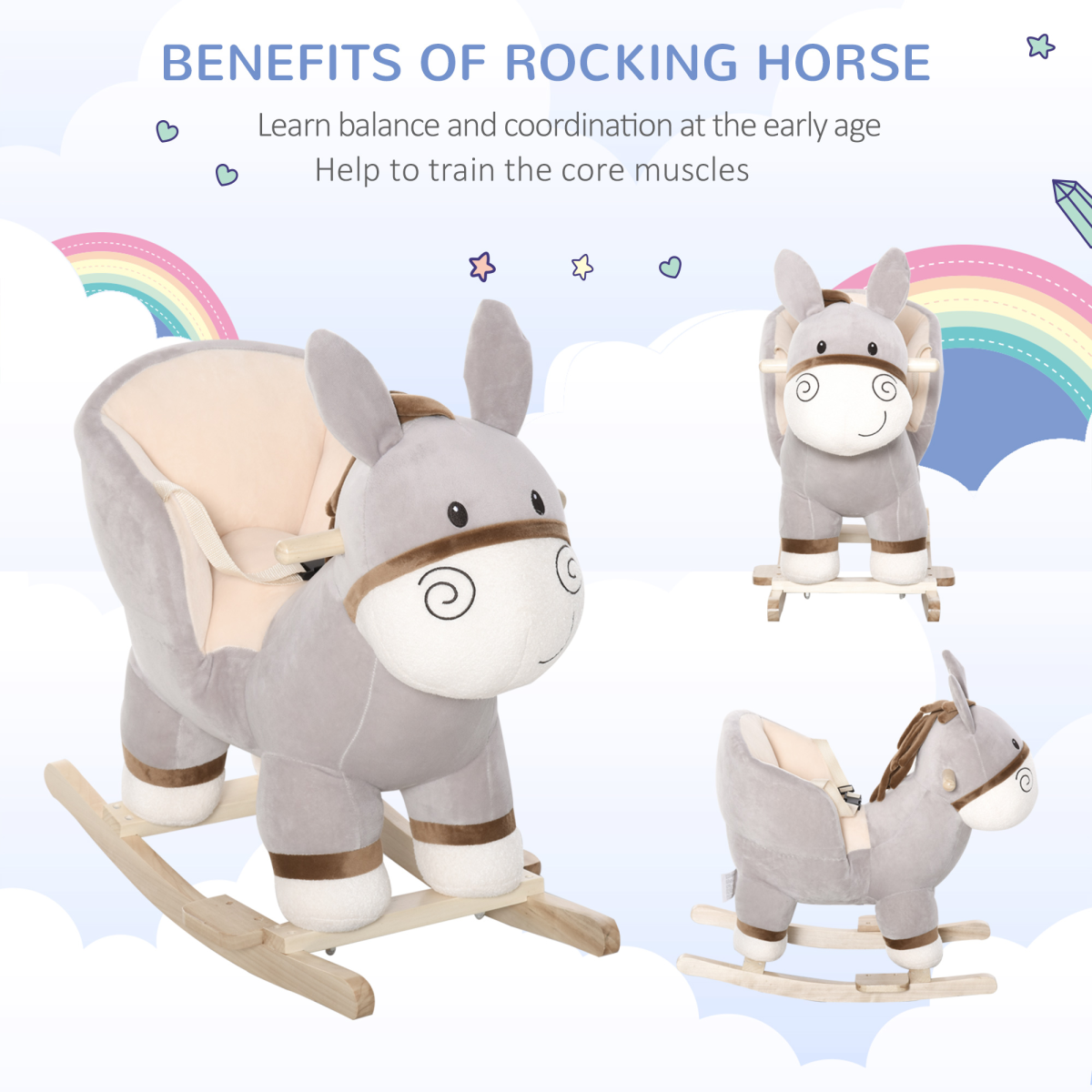Kids Plush Donkey Rocking Horse with Steel Frame, Seat Belt & Footrest – Ride-On Toy for 18-36 Months, Grey