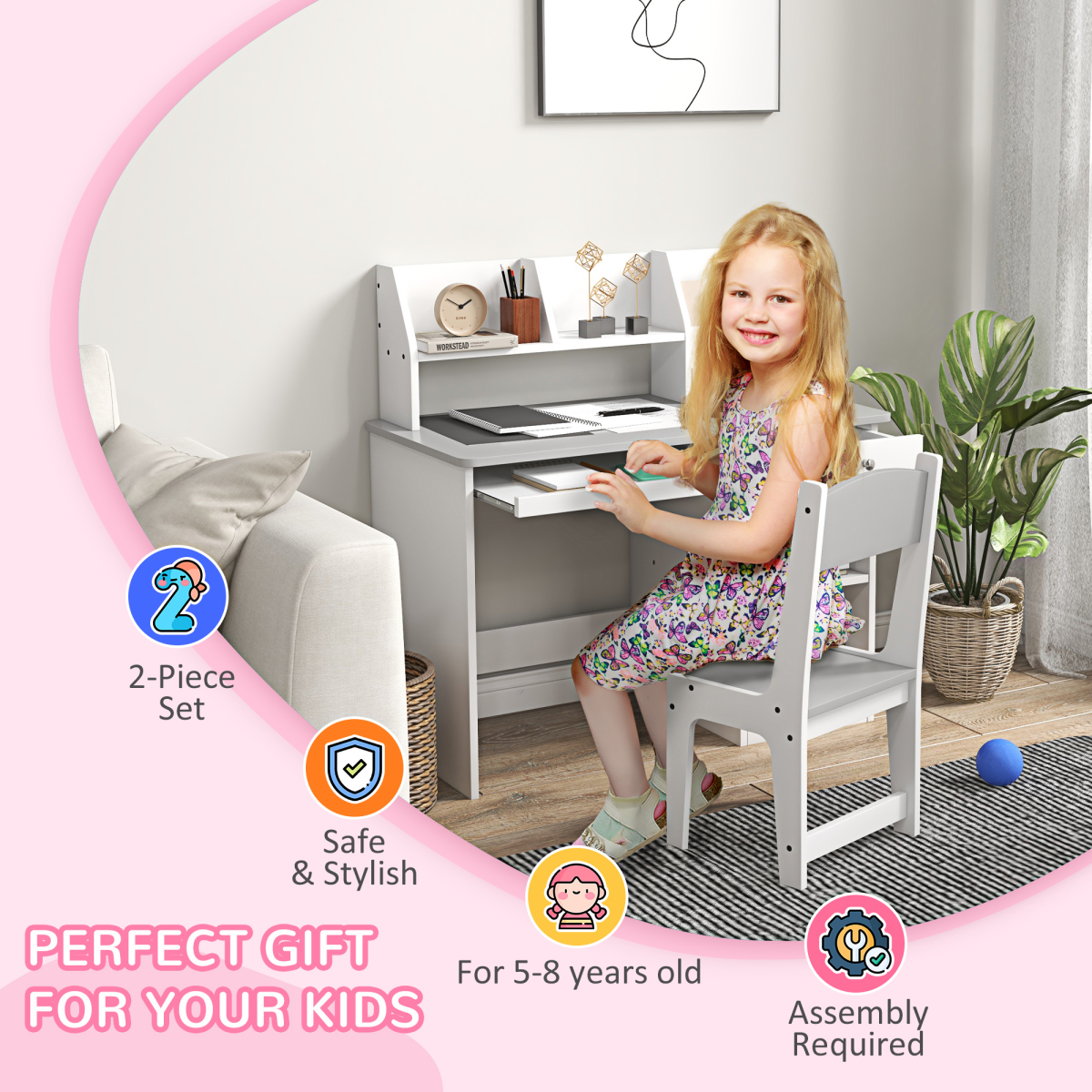 ZONEKIZ Kids Desk and Chair Set with Storage Shelves & Drawer – Study Furniture for 5-8 Years, Grey