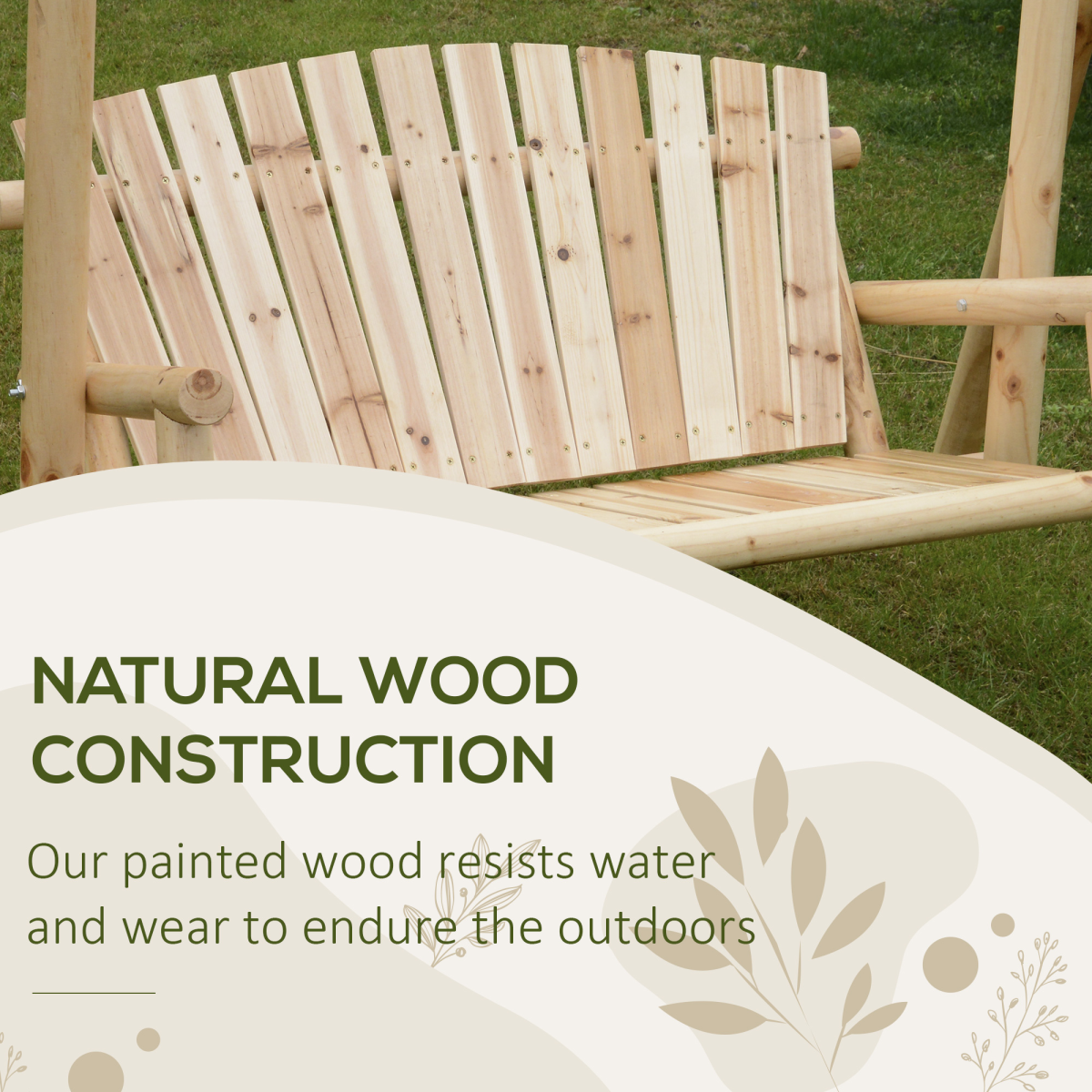 Outsunny 2-Seater Wooden Porch Swing Bench with Armrests & Curved Back – Rustic Garden Hanging Seat