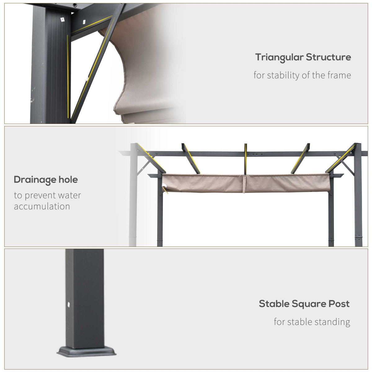 Outsunny 3m x 3m Aluminium Pergola Gazebo with Retractable Canopy – Garden Sun Shade Shelter, Brown/Black