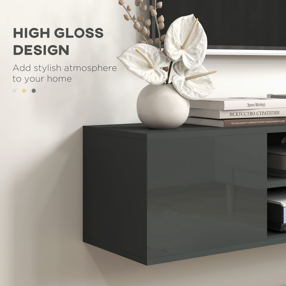 HOMCOM Wall-Mounted Floating TV Unit with Shelves & Cupboards for TVs up to 60", Grey High Gloss