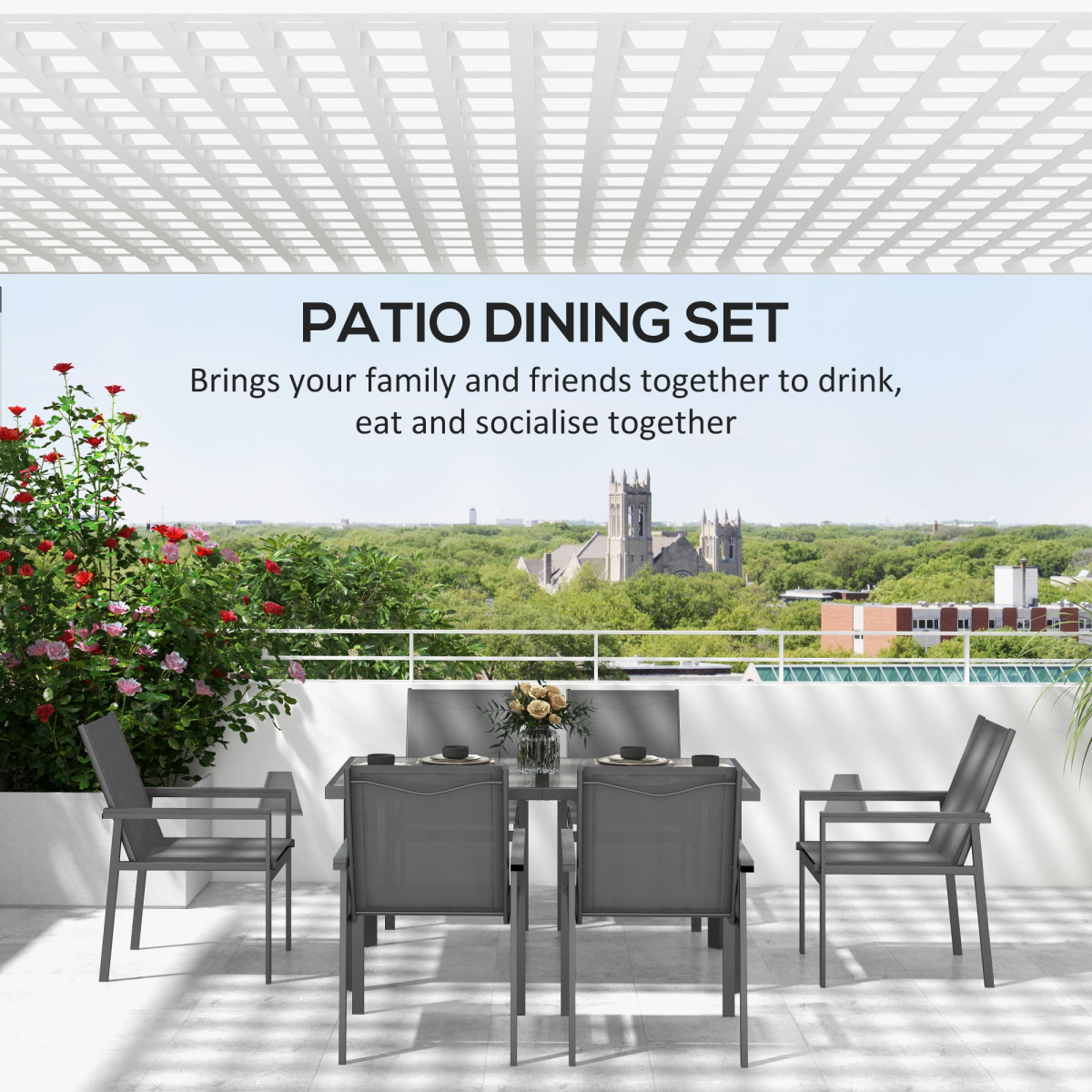 Outsunny 7-Piece Garden Dining Set with Tempered Glass Table and 6 Mesh Chairs – Patio Furniture, Grey