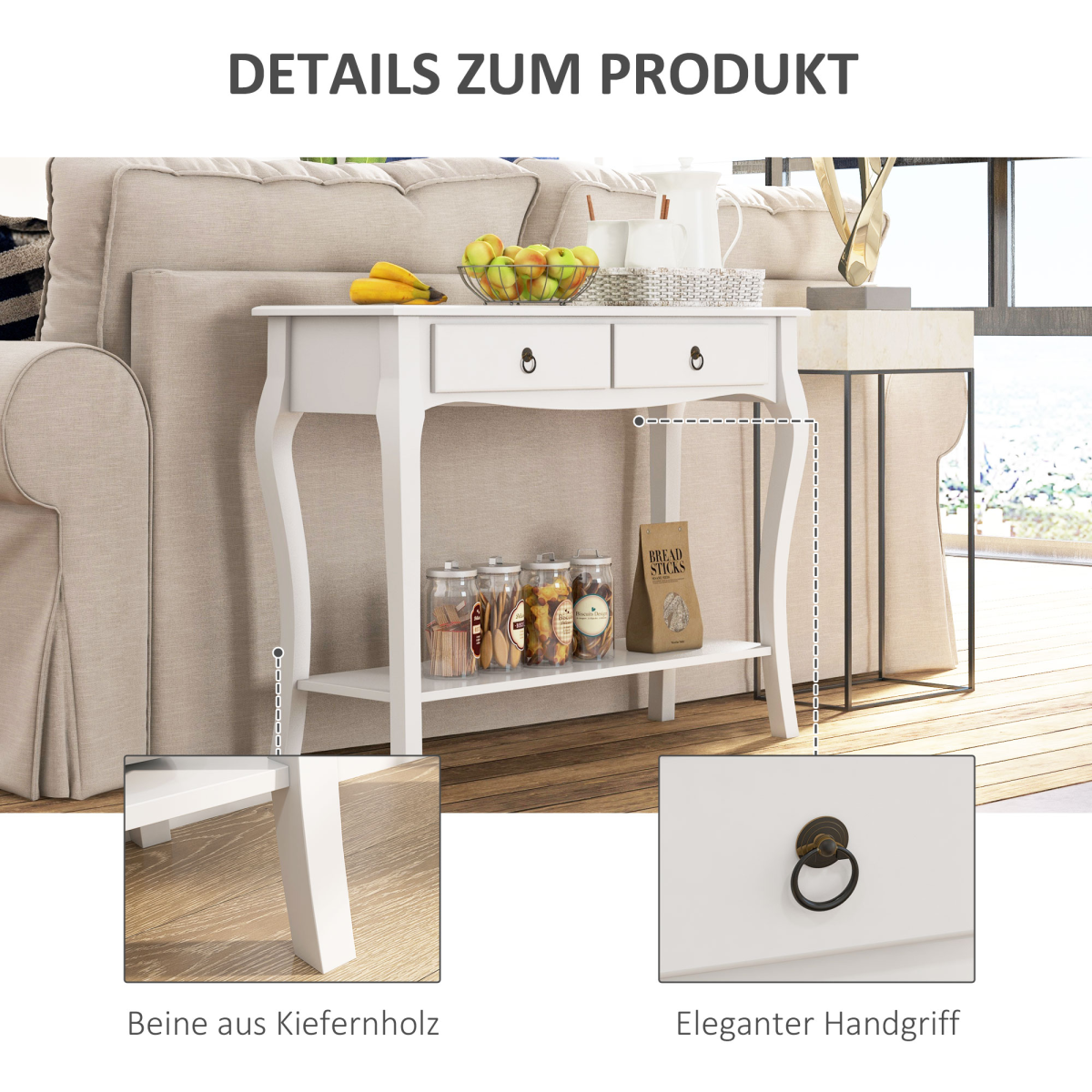 HOMCOM Console Table with 2 Drawers & Lower Shelf, Curved Design – Hallway Furniture, Ivory White