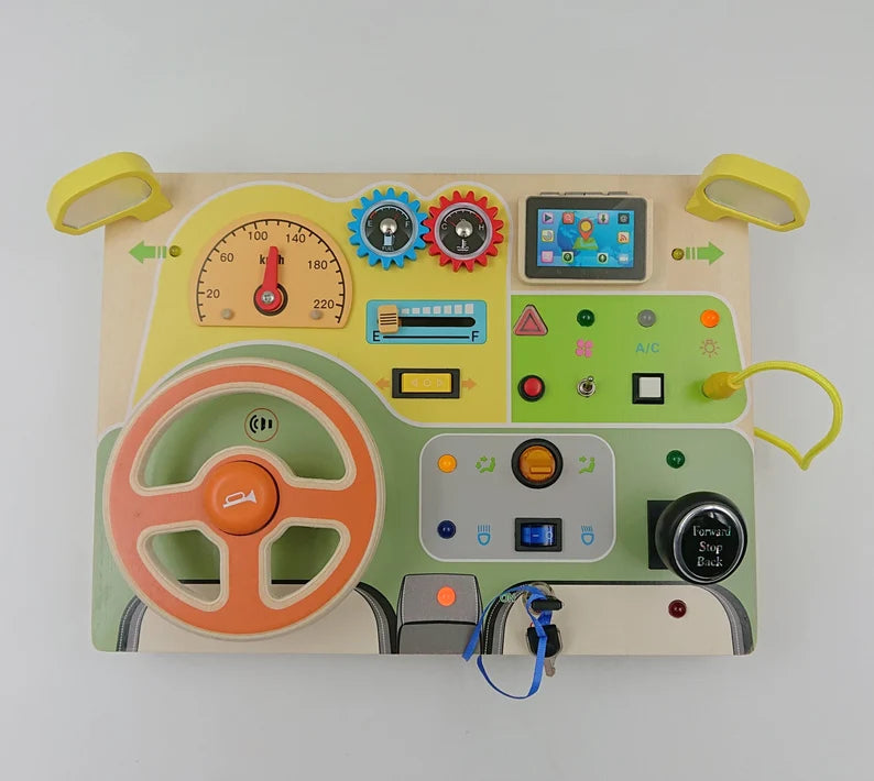 Montessori Wooden Busy Board with Steering Wheel, LED Lights, Engine Sounds & Key Turn – Toddler Sensory Toy