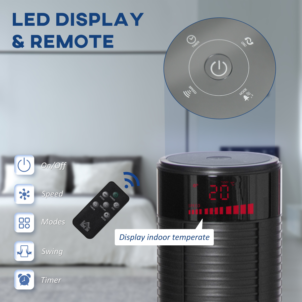 HOMCOM Oscillating Tower Fan with 3 Speeds & Remote Control – Slim Cooling, Black