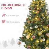 HOMCOM Artificial Christmas Tree with LED Lights, Baubles and Banner – Auto Open Branches, Steel Base
