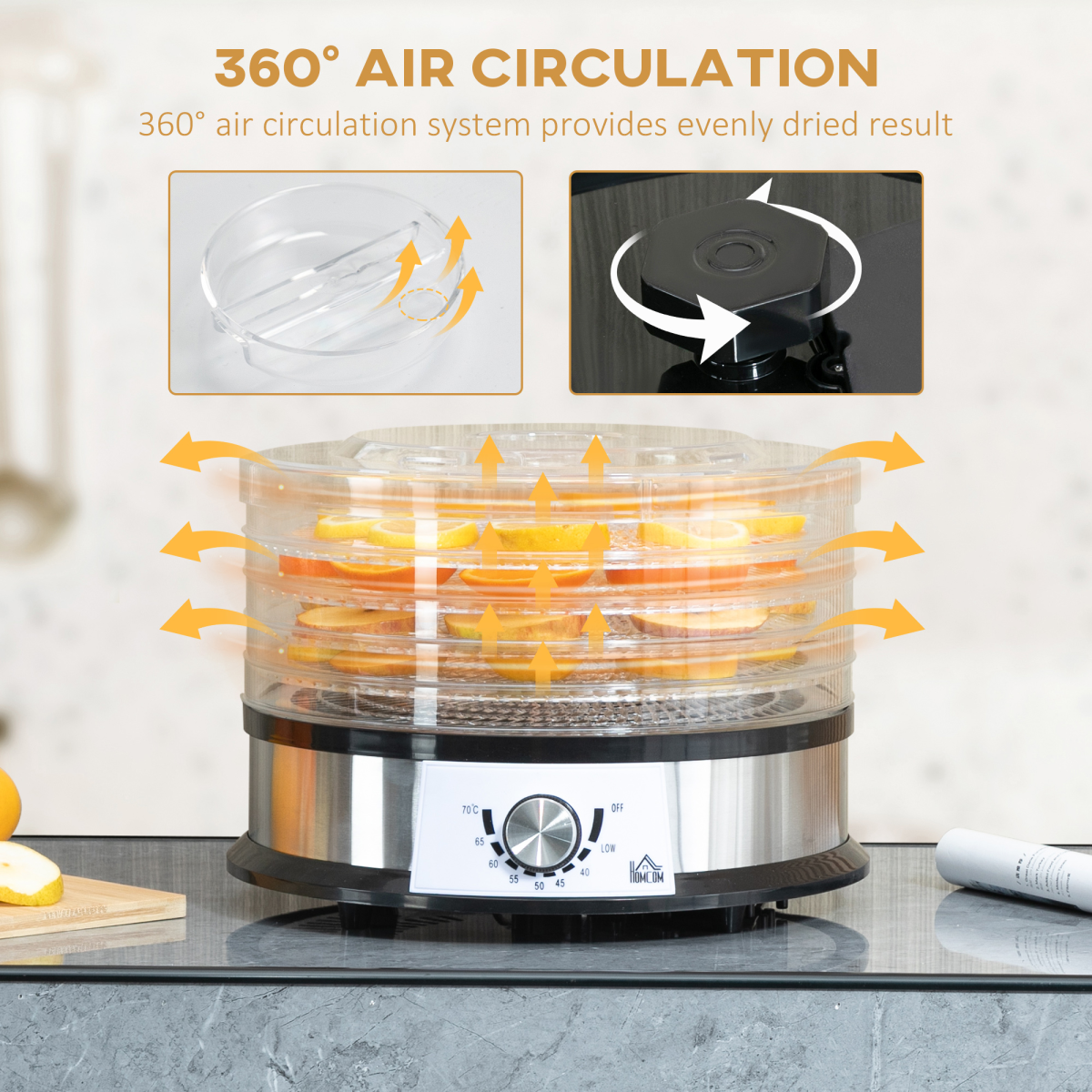 HOMCOM 5-Tier Food Dehydrator with 250W Motor, Adjustable Temperature and Stainless Steel Trays – Silver
