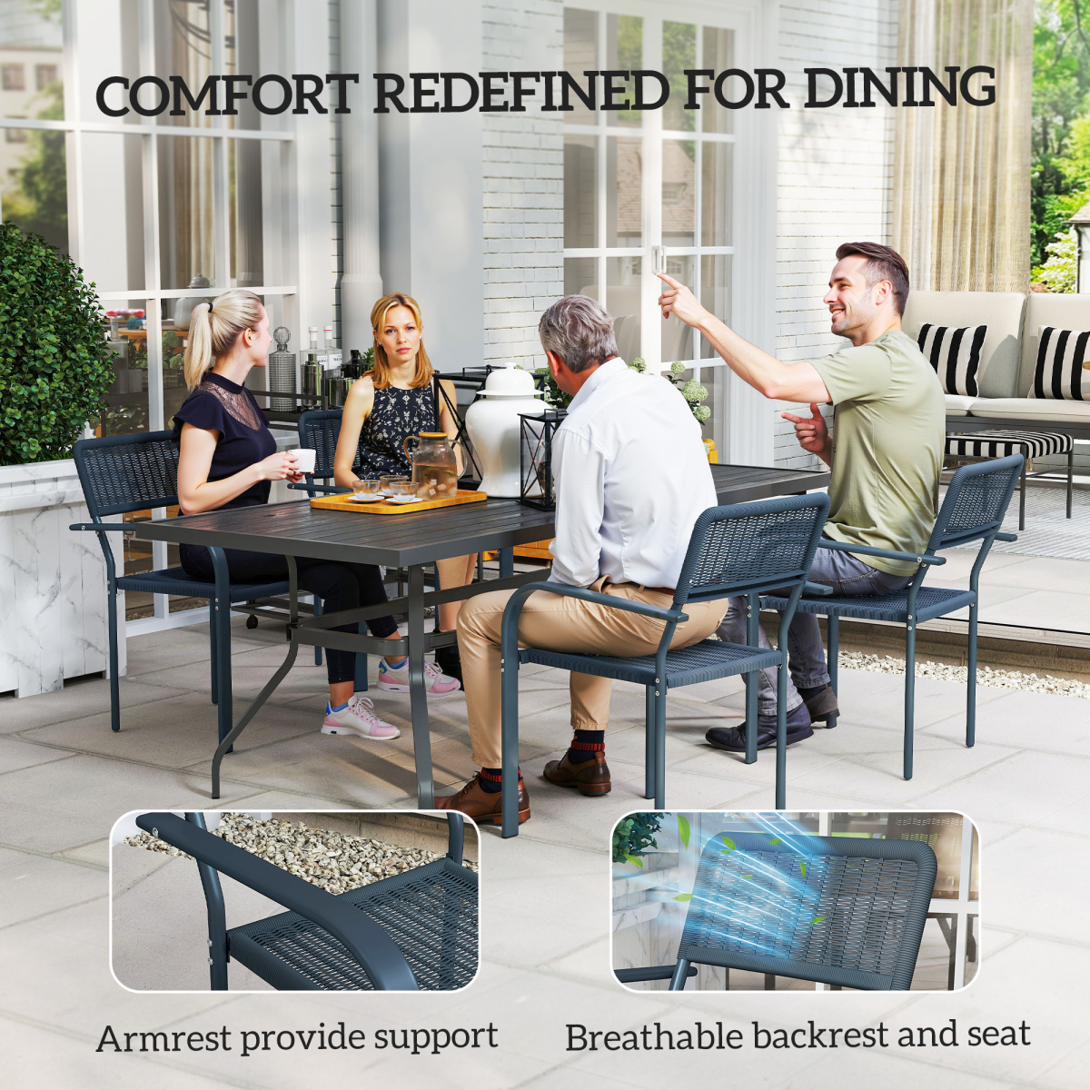 Outsunny Set of 4 Stackable Garden Chairs with Rattan Effect & Steel Frame – Space-Saving Patio Seating, Dark Grey