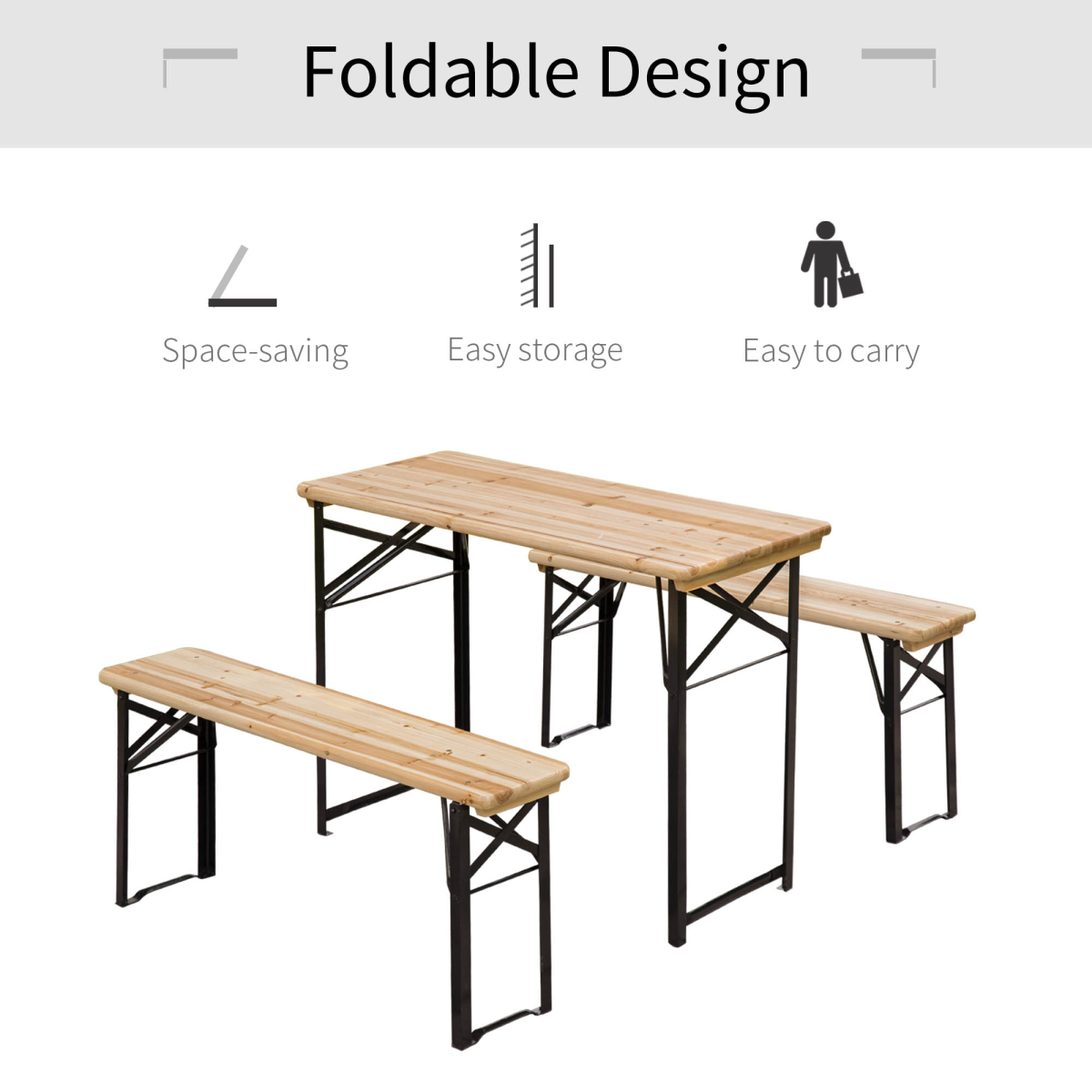 Outsunny Folding Wooden Picnic Table & Bench Set – Portable Indoor/Outdoor Camping Trestle