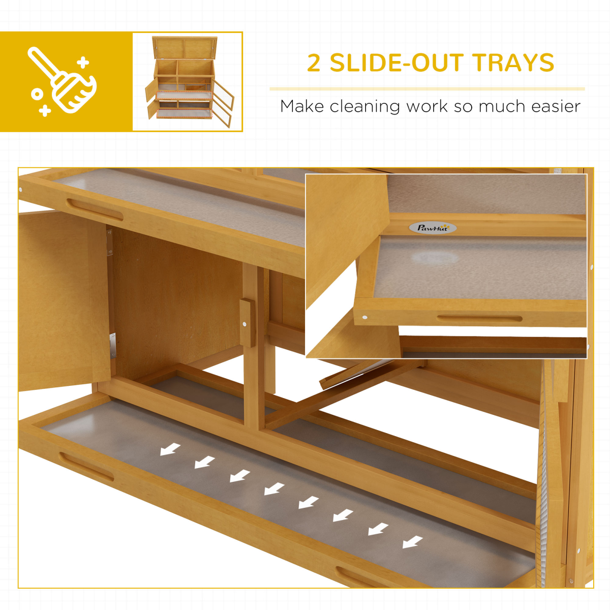 PawHut Double Decker Wooden Rabbit Hutch with Ramp, Trays and Asphalt Roof – Outdoor Bunny Cage, Yellow