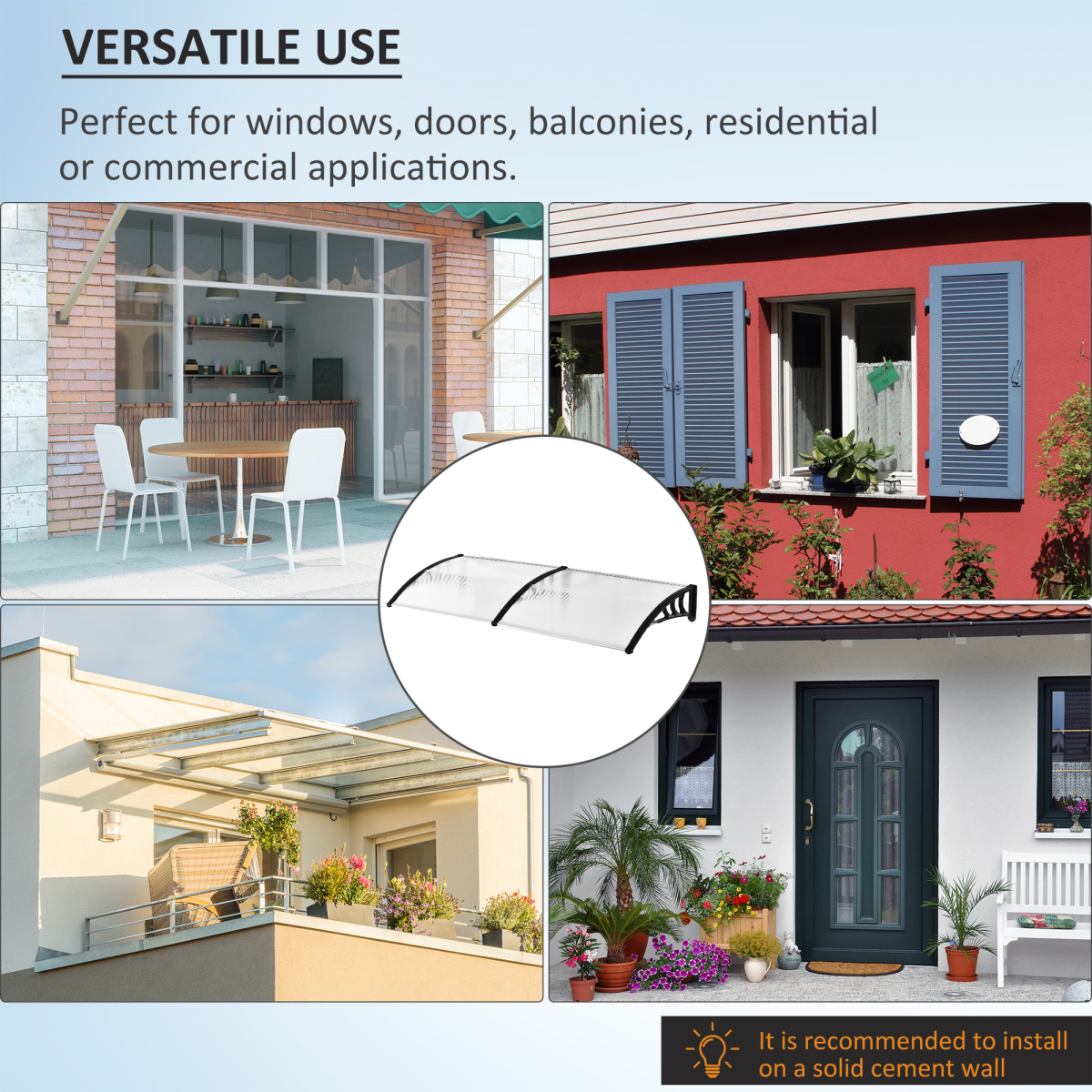 Outsunny Clear Polycarbonate Curved Awning, 80 x 195 x 23cm – Window and Door Canopy, White