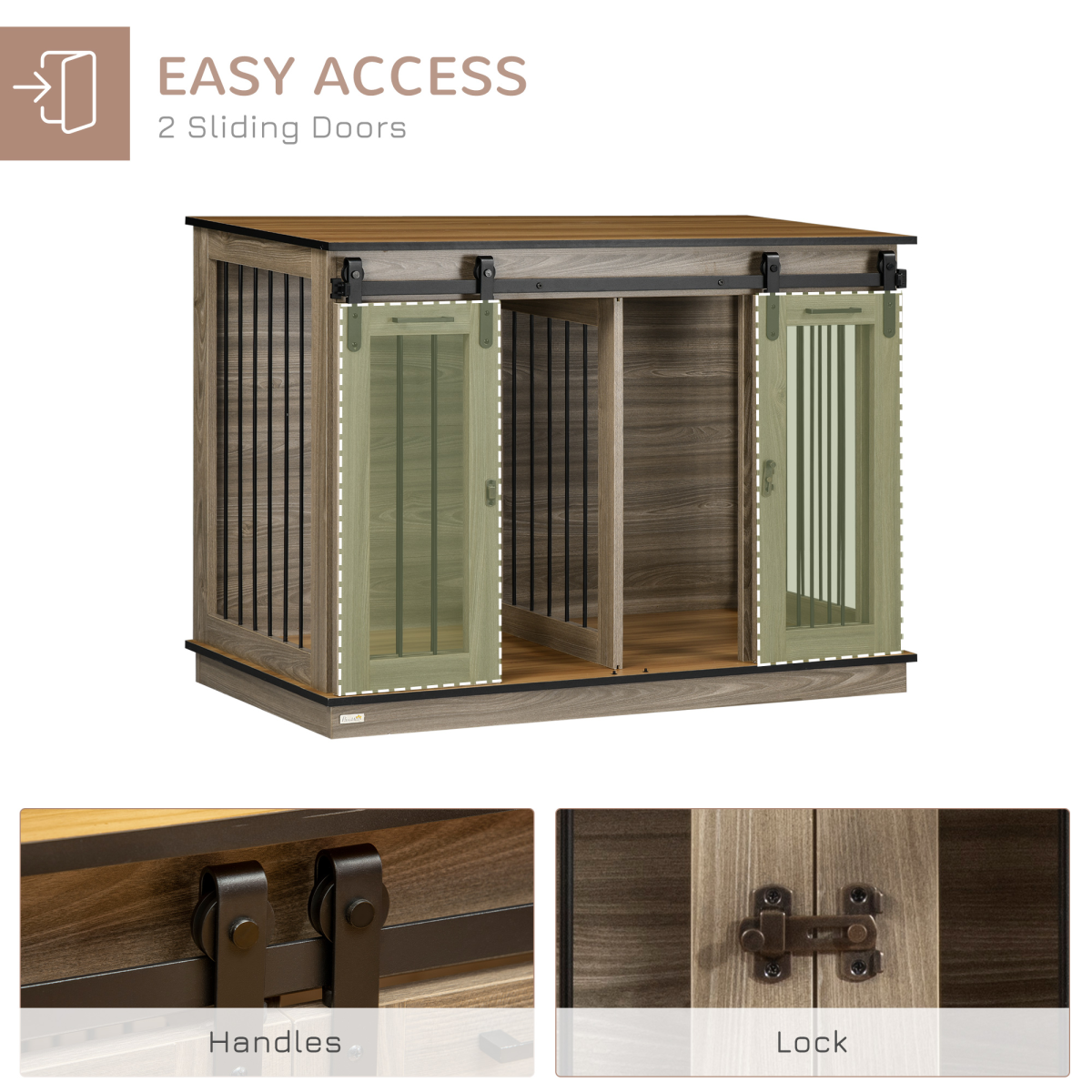 PawHut Dog Crate Furniture with Double Room Divider & Lockable Doors – Side Table Cage, Oak Tone