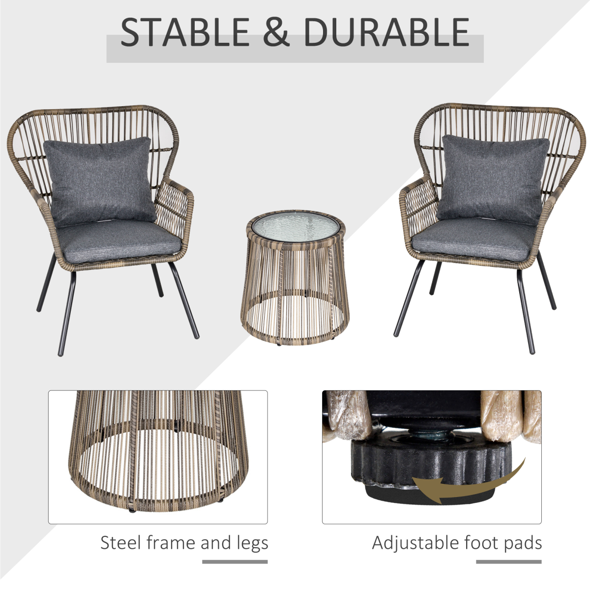 Outsunny 3-Piece Webbed PE Rattan Patio Bistro Set with Glass Table & Padded Cushions – 2 Chairs and Table, Grey
