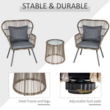 Outsunny 3-Piece Webbed PE Rattan Patio Bistro Set with Glass Table & Padded Cushions – 2 Chairs and Table, Grey
