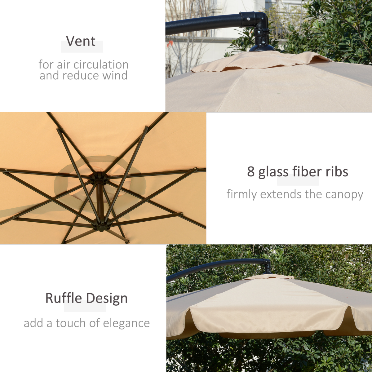 Outsunny 2.7m Cantilever Banana Parasol with Crank Handle, Vented Canopy & Cross Base – Sun Shade, Light Brown