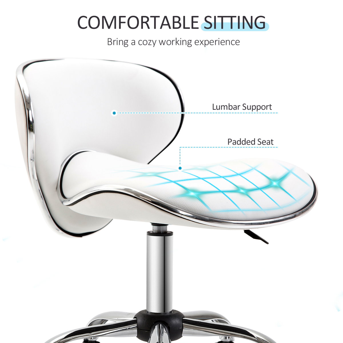 HOMCOM Rolling Salon Stool with Low Back, Saddle Seat & Height Adjustment – Beauty Technician Chair, White