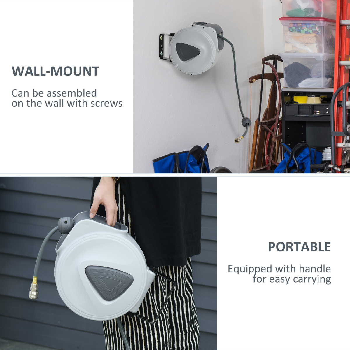 Durhand Retractable Air Hose Reel, 15m + 140cm, Auto Self-Winding Wall Mount – 1/4" Fittings for Garages
