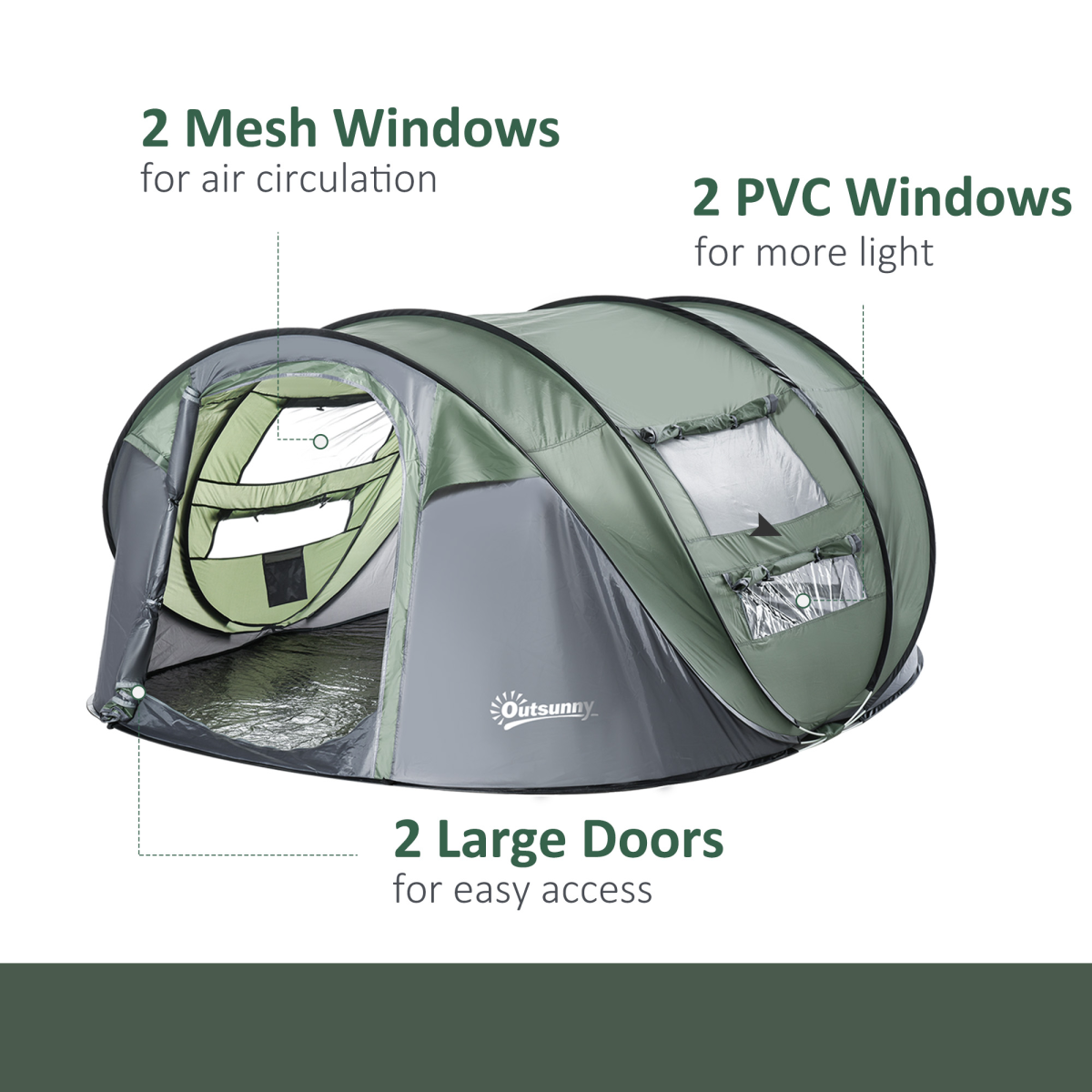 Outsunny 4-5 Person Pop-Up Dome Camping Tent with 4 Windows, 2000mm Waterproof – Instant Family Tent