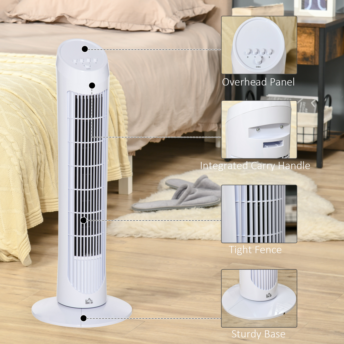 HOMCOM 30" Quiet Tower Fan with 3 Speeds & Noise-Reduction Design – Bedroom & Office Cooling, White