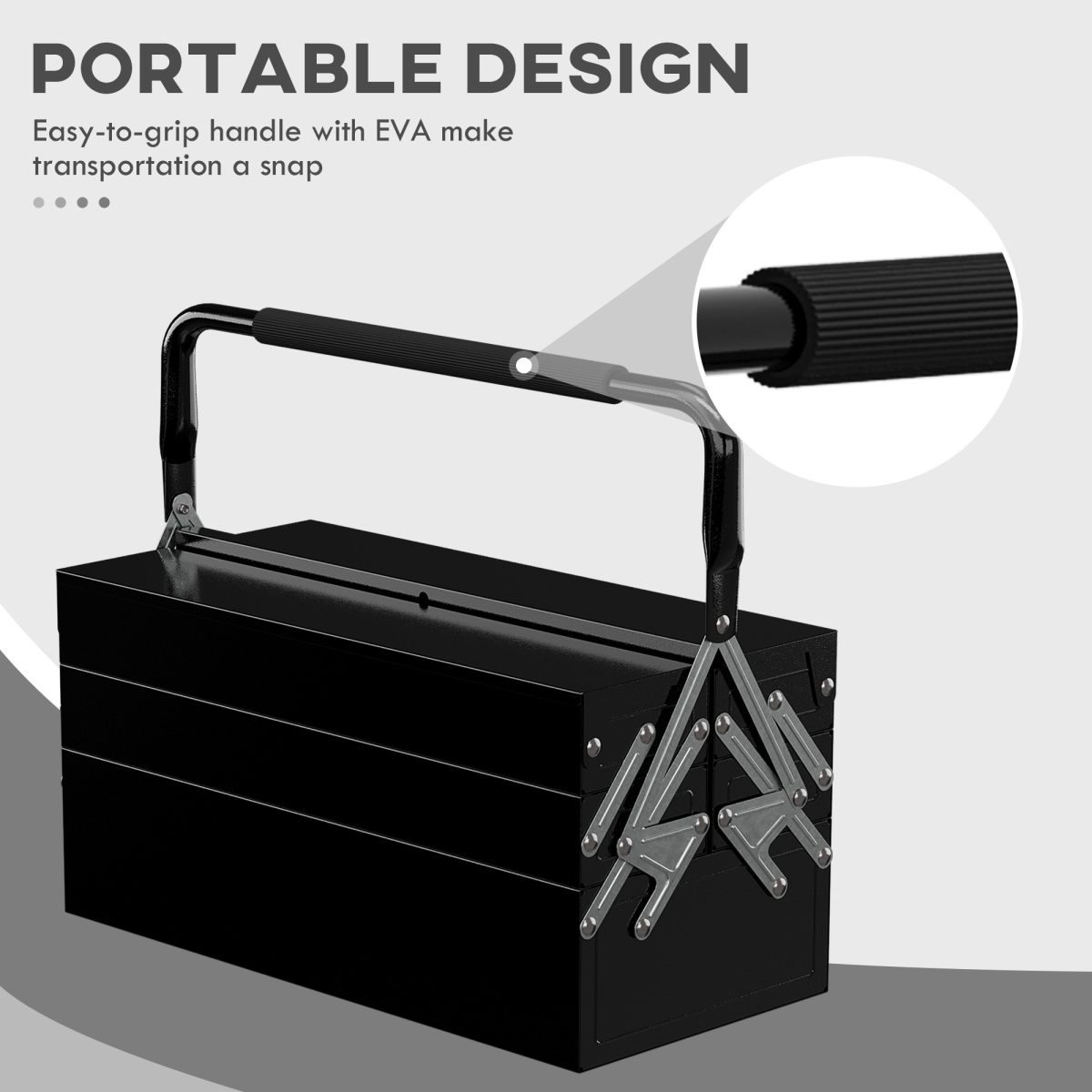 Folding Tool Box with 5 Collapsible Trays – Rust-Resistant Steel Organiser for Home and Workshop, Black