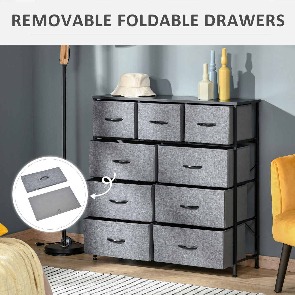 HOMCOM 9 Drawer Storage Chest with Foldable Fabric Bins – Lightweight Organiser for Bedrooms & Playrooms