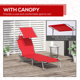 Outsunny Folding Sun Lounger with Sunshade and 4-Level Adjustable Back – Portable Recliner for Camping, Red