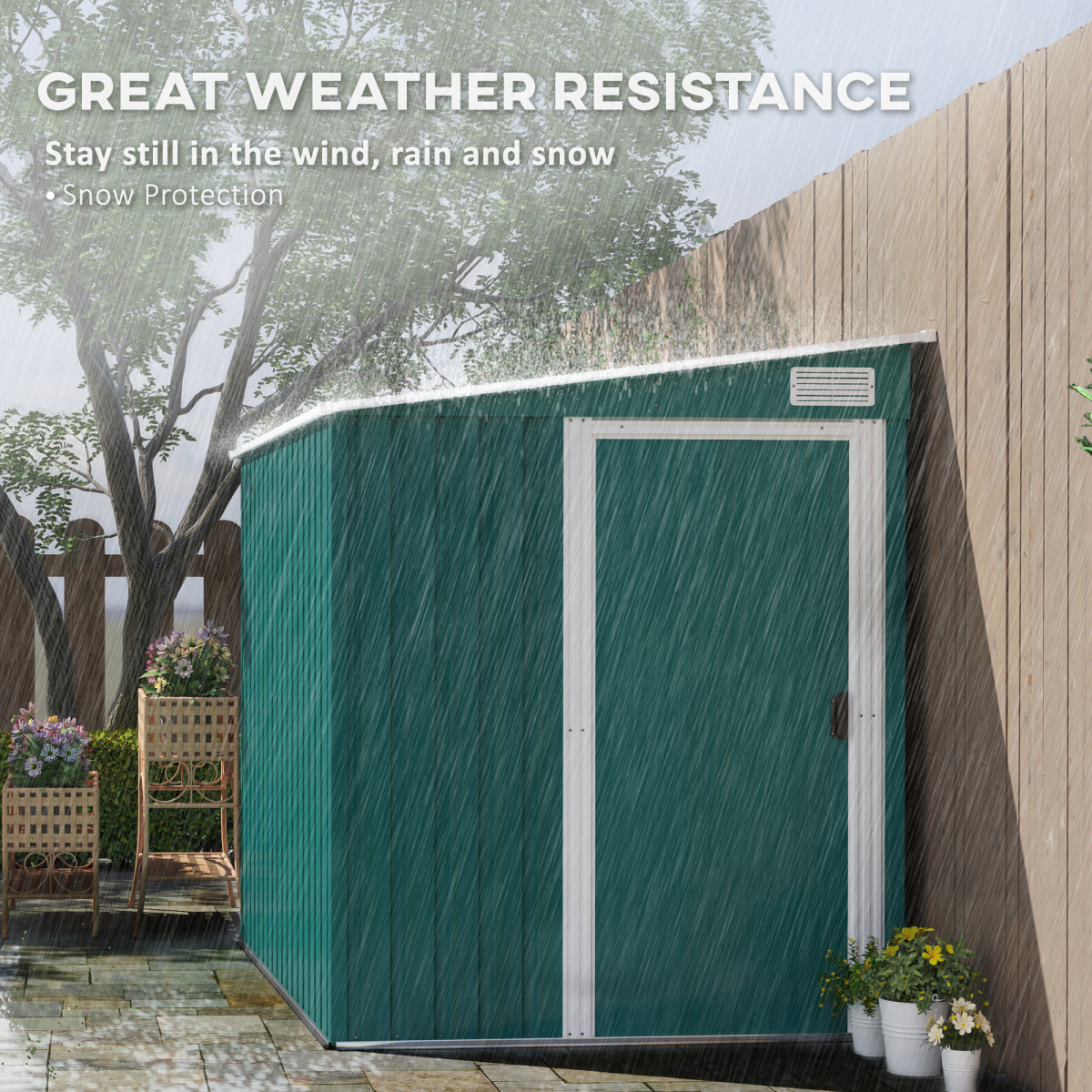 Outsunny 7 x 5ft Lean-To Galvanised Steel Garden Shed with Foundation & Sliding Door – Tool Storage, Green