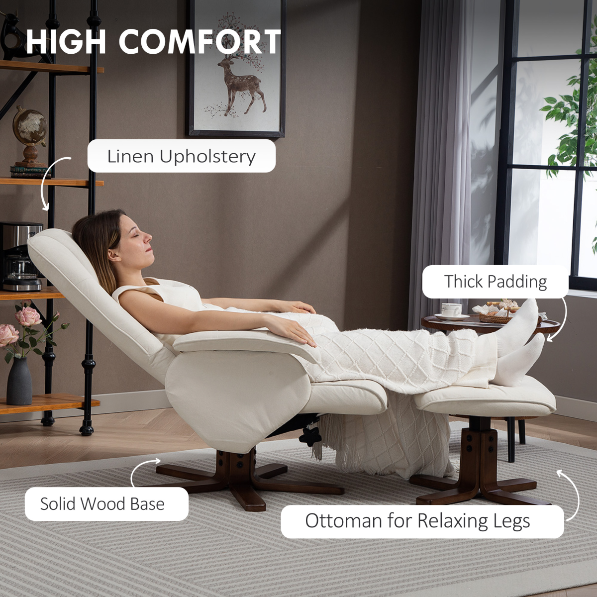 HOMCOM Swivel Recliner Chair with Footstool, 145° Reclining Back & Wooden Base – Linen-Look Armchair, Beige
