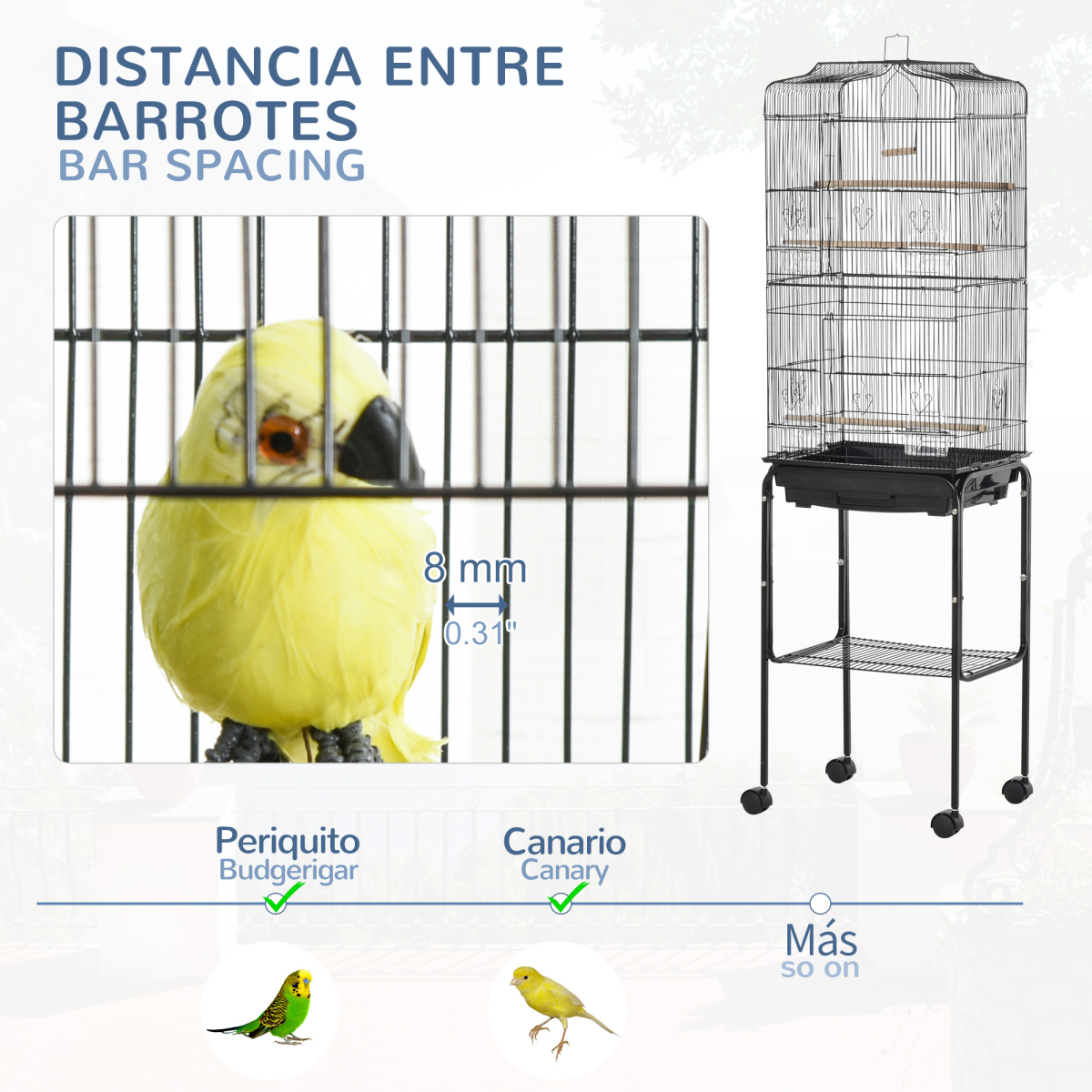 Pawhut Metal Budgie Bird Cage with Rolling Stand, Slide-out Tray and Storage Basket – Small Bird Cage, Black