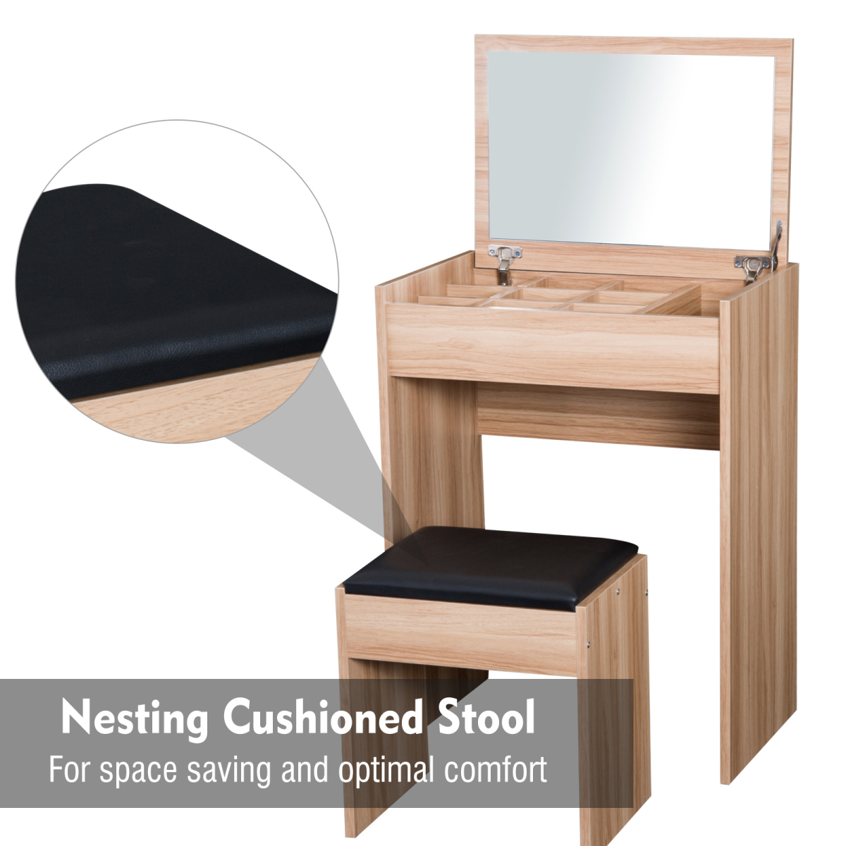 HOMCOM Dressing Table Set with Flip-Up Mirror and Padded Stool – Wood, Hidden Storage