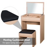 HOMCOM Dressing Table Set with Flip-Up Mirror and Padded Stool – Wood, Hidden Storage