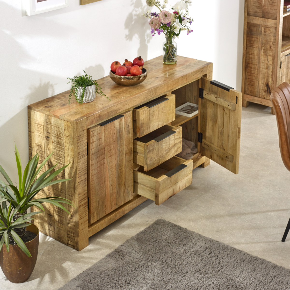 Surrey Solid Mango Wood Large Sideboard with 2 Doors & 3 Drawers – Eco-Sourced Living & Dining Storage