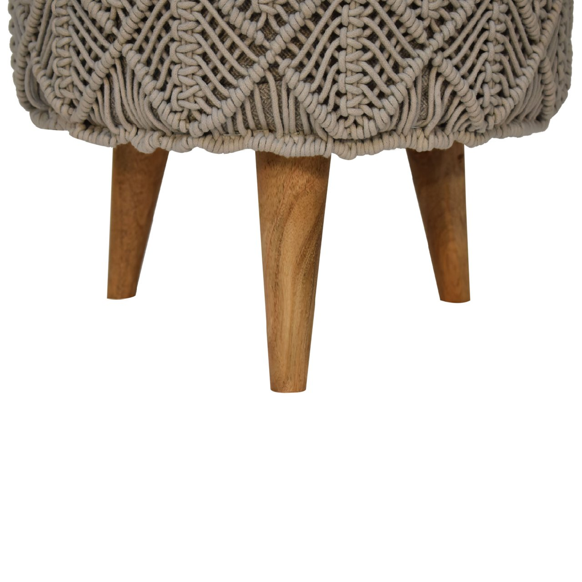 Artisan Furniture Solid Wood Footstool in Braided Grey Cotton with Nordic Style Legs – Boho Accent Seat, Beige