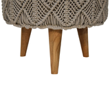 Artisan Furniture Solid Wood Footstool in Braided Grey Cotton with Nordic Style Legs – Boho Accent Seat, Beige