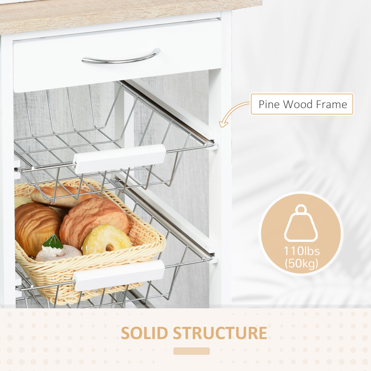 HOMCOM Multi-Use Kitchen Island Trolley with 4 Baskets, Side Racks & Drawer – Wheeled Storage Cart, White